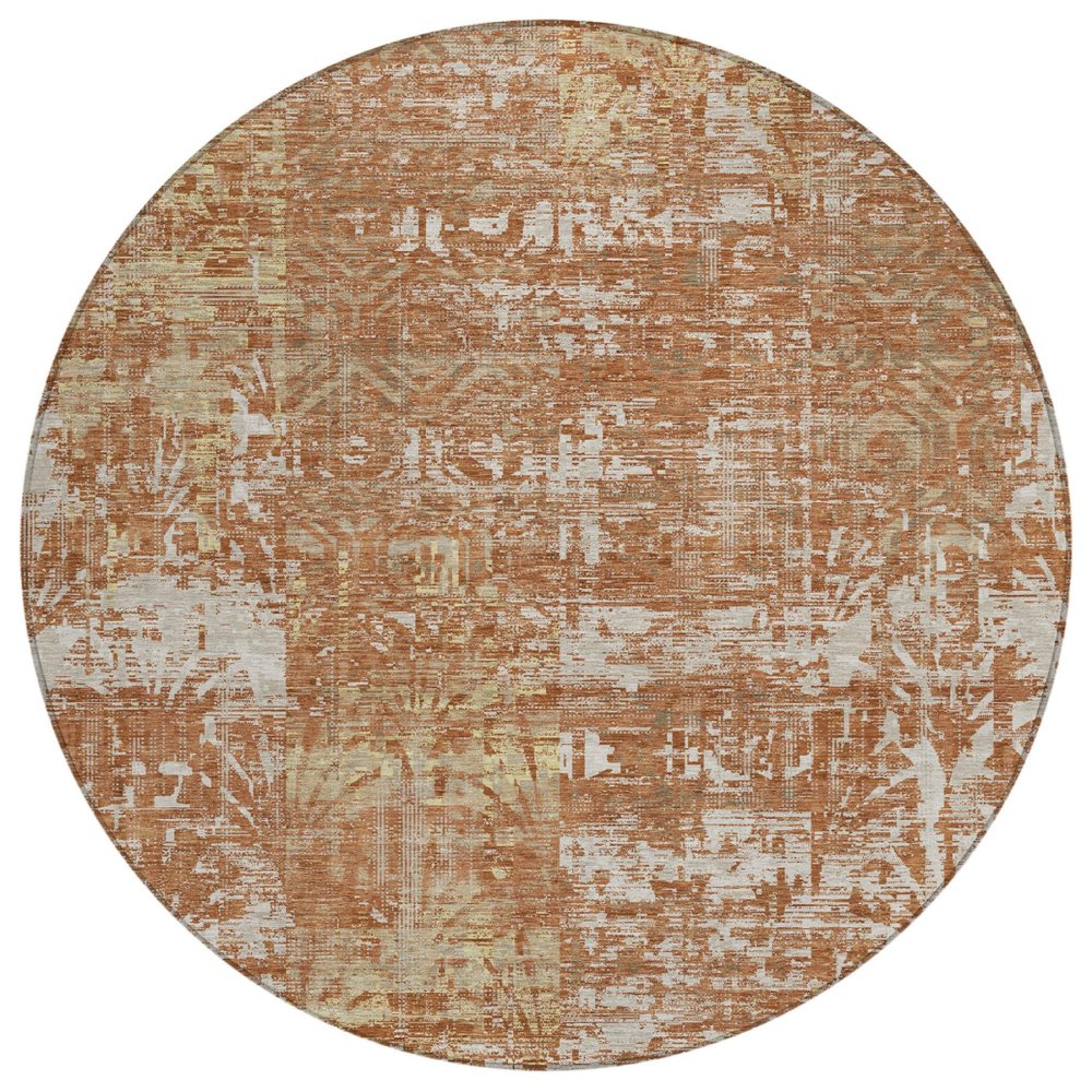 8' Orange And Beige Round Abstract Washable Indoor Outdoor Area Rug — view 1