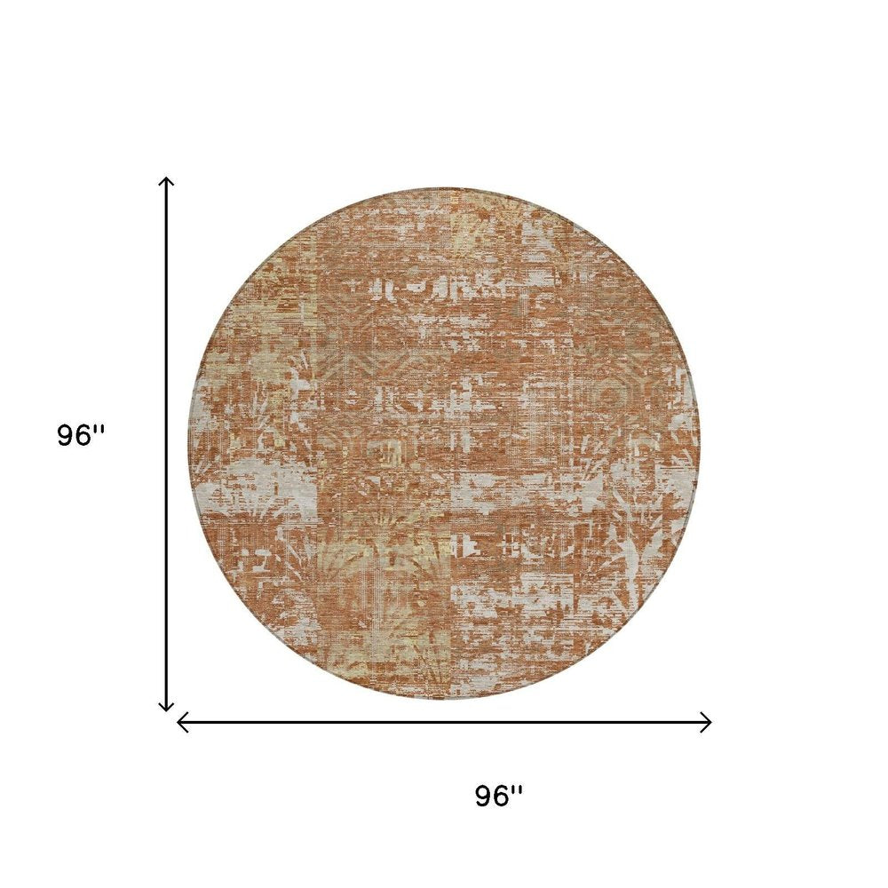 8' Orange And Beige Round Abstract Washable Indoor Outdoor Area Rug — view 4