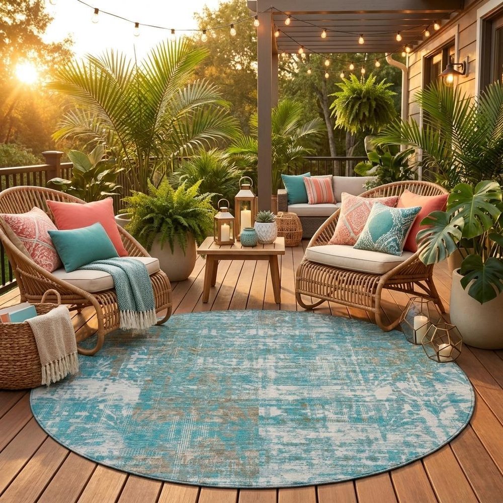 8' Teal Blue And Pewter Round Abstract Washable Indoor Outdoor Area Rug — view 5