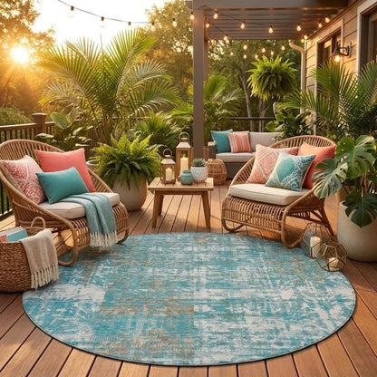 8' Teal Blue And Pewter Round Abstract Washable Indoor Outdoor Area Rug HomeRoots