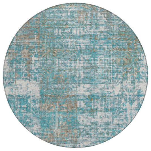 8' Teal Blue And Pewter Round Abstract Washable Indoor Outdoor Area Rug