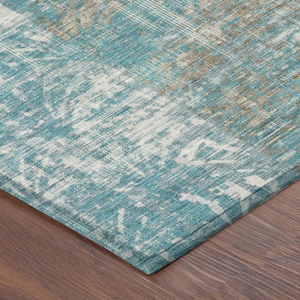 8' Teal Blue And Pewter Round Abstract Washable Indoor Outdoor Area Rug — view 2