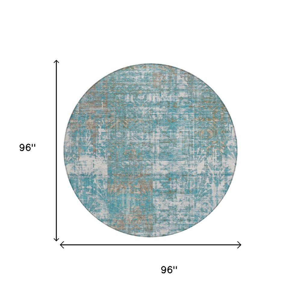 8' Teal Blue And Pewter Round Abstract Washable Indoor Outdoor Area Rug — view 4