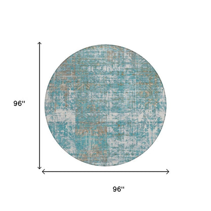 8' Teal Blue And Pewter Round Abstract Washable Indoor Outdoor Area Rug HomeRoots