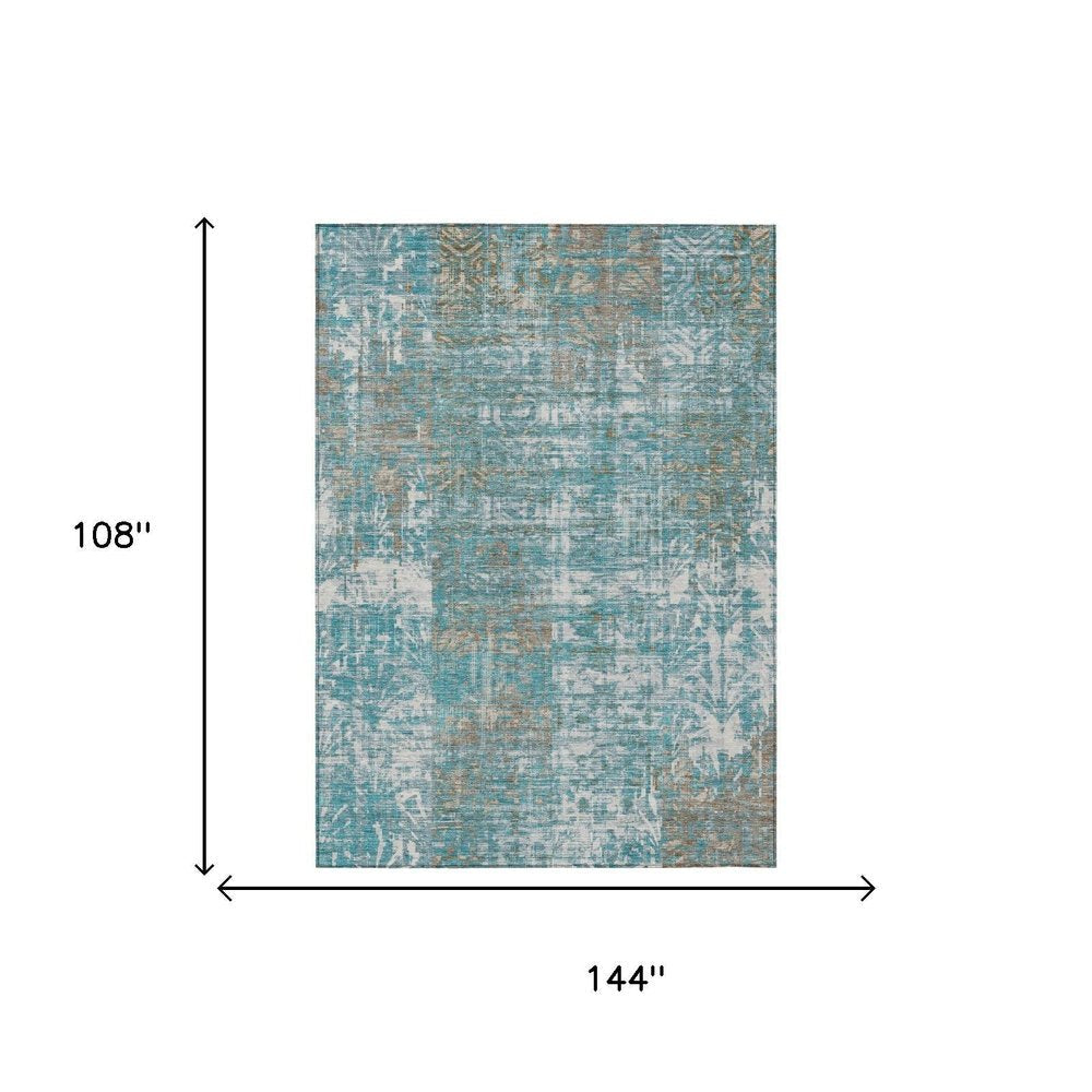 9' X 12' Teal Blue And Pewter Abstract Washable Indoor Outdoor Area Rug HomeRoots