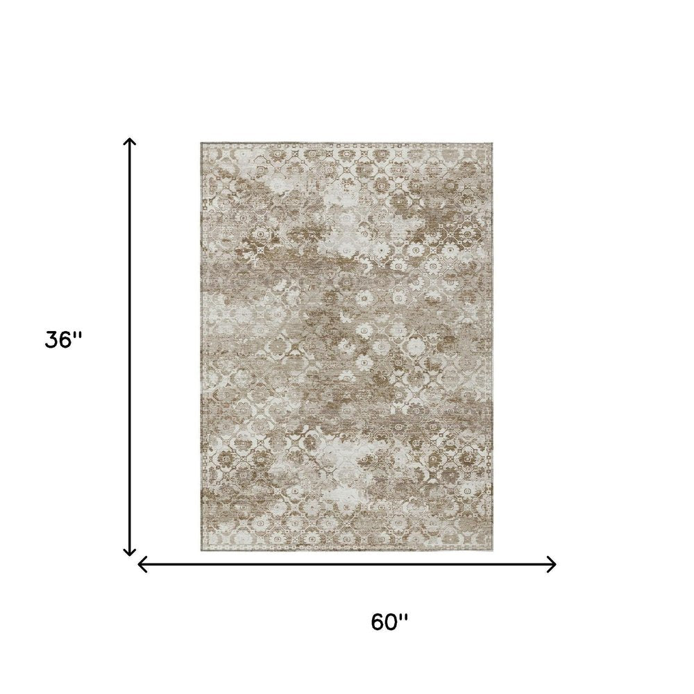 3' X 5' Beige And Brown Floral Medallion Washable Indoor Outdoor Area Rug