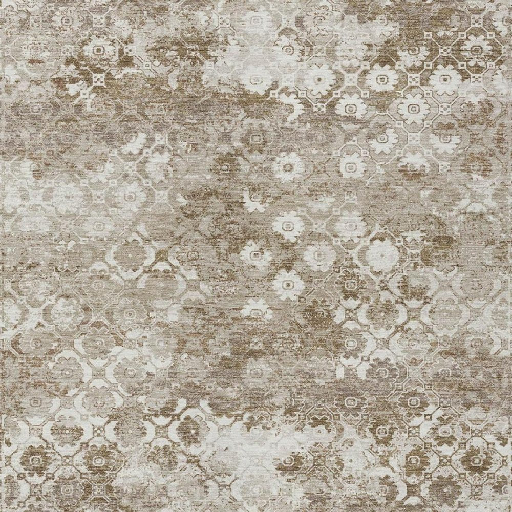 3' X 5' Beige And Brown Floral Medallion Washable Indoor Outdoor Area Rug