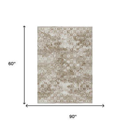 5' X 8' Beige And Brown Floral Medallion Washable Indoor Outdoor Area Rug
