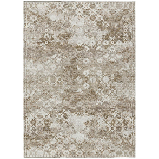 5' X 8' Beige And Brown Floral Medallion Washable Indoor Outdoor Area Rug