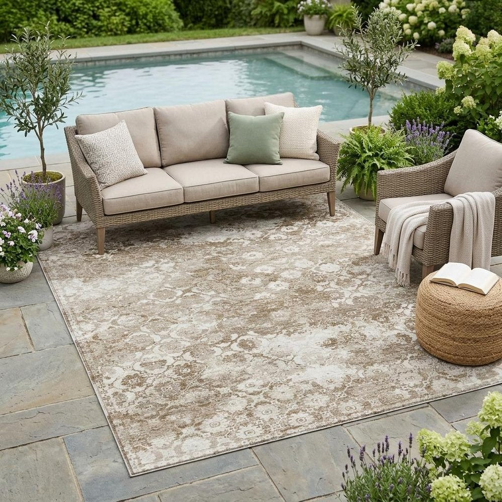 5' X 8' Beige And Brown Floral Medallion Washable Indoor Outdoor Area Rug HomeRoots