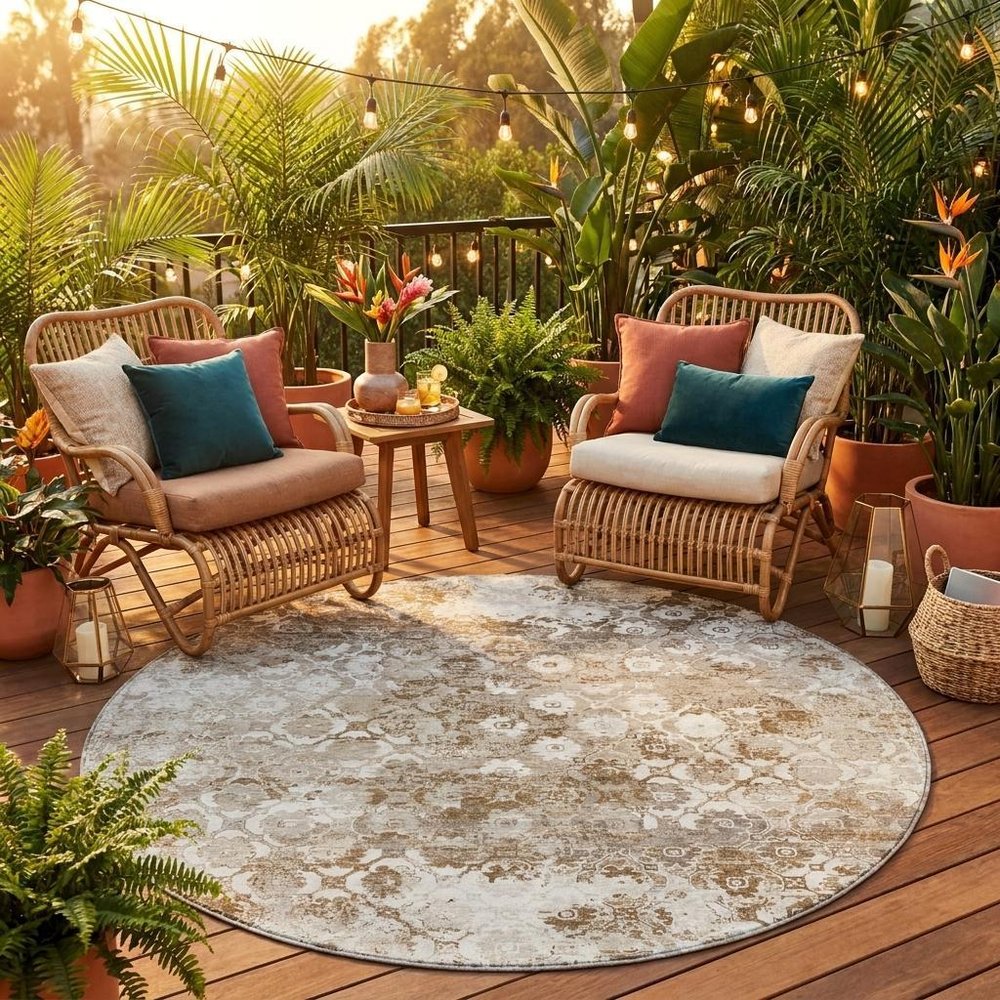 8' Beige And Brown Round Floral Medallion Washable Indoor Outdoor Area Rug HomeRoots