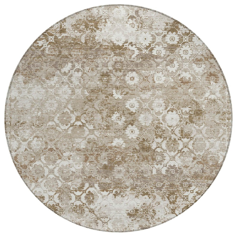 8' Beige And Brown Round Floral Medallion Washable Indoor Outdoor Area Rug HomeRoots