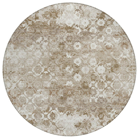 8' Beige And Brown Round Floral Medallion Washable Indoor Outdoor Area Rug