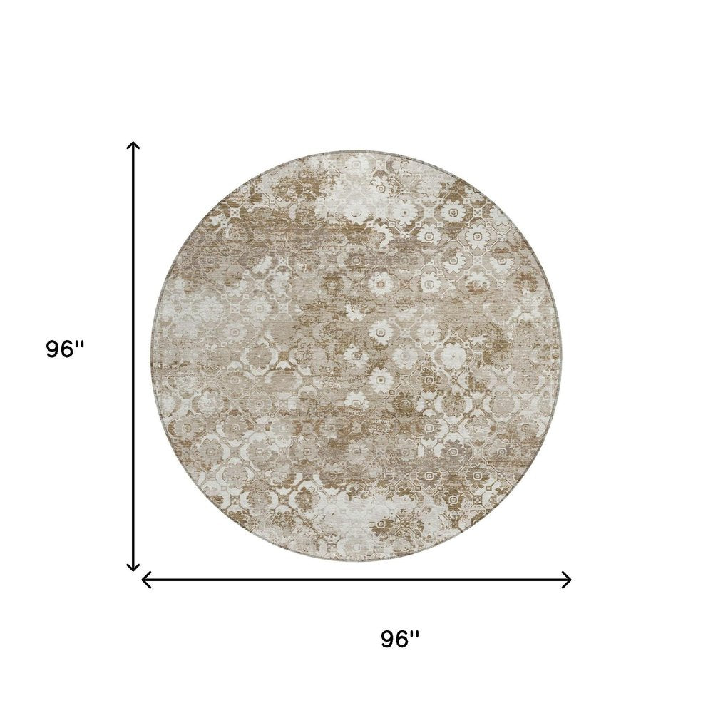 8' Beige And Brown Round Floral Medallion Washable Indoor Outdoor Area Rug HomeRoots