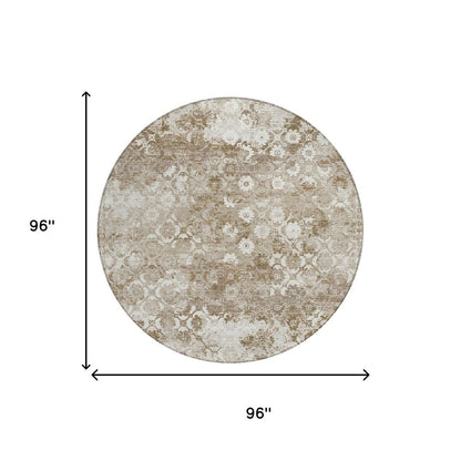 8' Beige And Brown Round Floral Medallion Washable Indoor Outdoor Area Rug HomeRoots