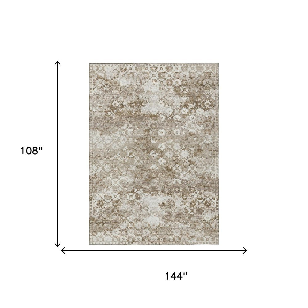 9' X 12' Beige And Brown Floral Medallion Washable Indoor Outdoor Area Rug — view 5