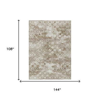 9' X 12' Beige And Brown Floral Medallion Washable Indoor Outdoor Area Rug