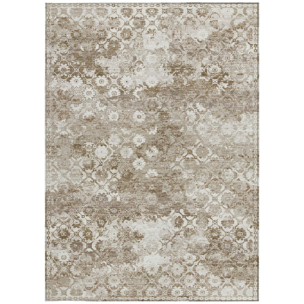 9' X 12' Beige And Brown Floral Medallion Washable Indoor Outdoor Area Rug