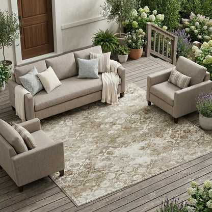 9' X 12' Beige And Brown Floral Medallion Washable Indoor Outdoor Area Rug HomeRoots