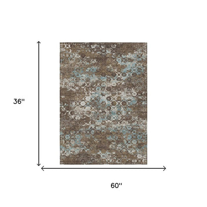 3' X 5' Brown And Coffee Floral Medallion Washable Indoor Outdoor Area Rug