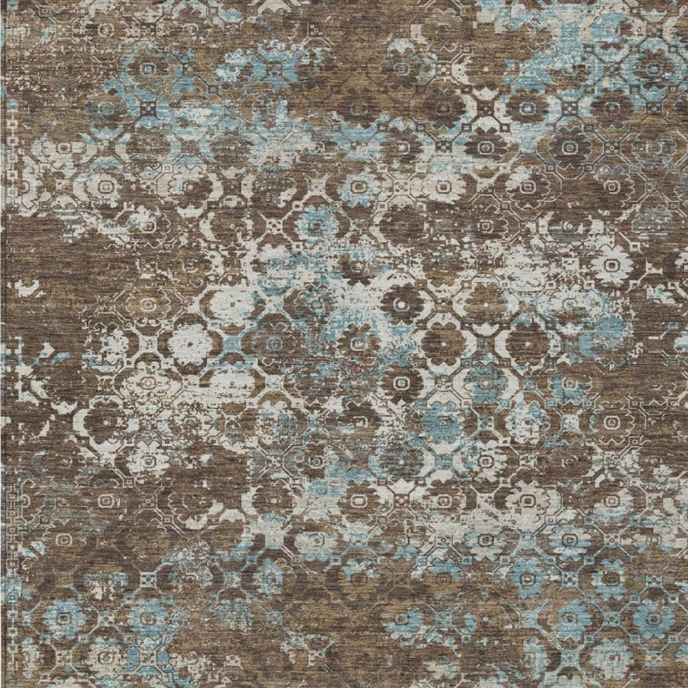 8' X 10' Brown And Coffee Floral Medallion Washable Indoor Outdoor Area Rug