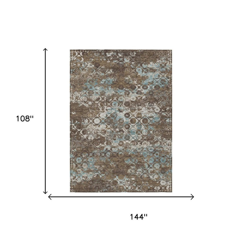 9' X 12' Brown And Coffee Floral Medallion Washable Indoor Outdoor Area Rug — view 4