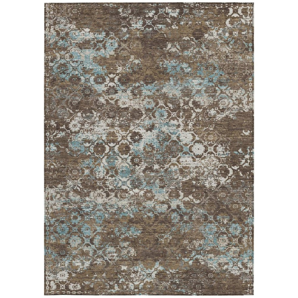 9' X 12' Brown And Coffee Floral Medallion Washable Indoor Outdoor Area Rug