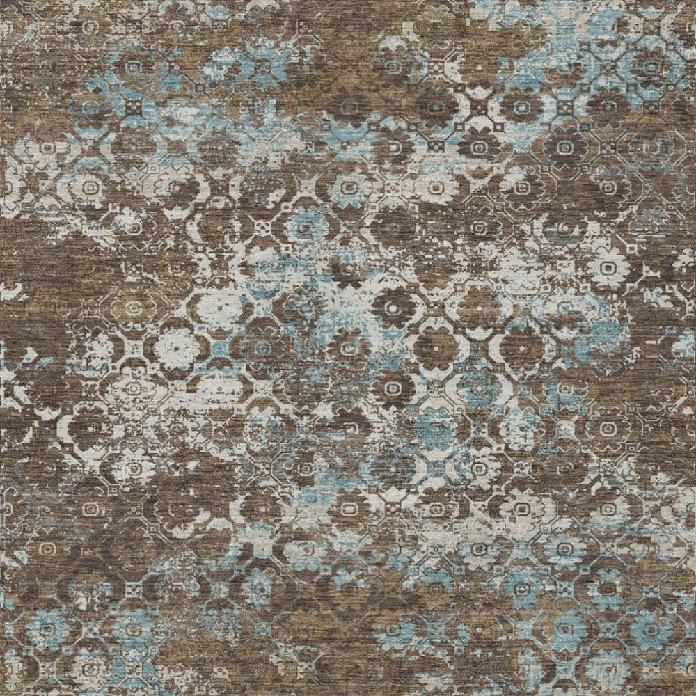 9' X 12' Brown And Coffee Floral Medallion Washable Indoor Outdoor Area Rug