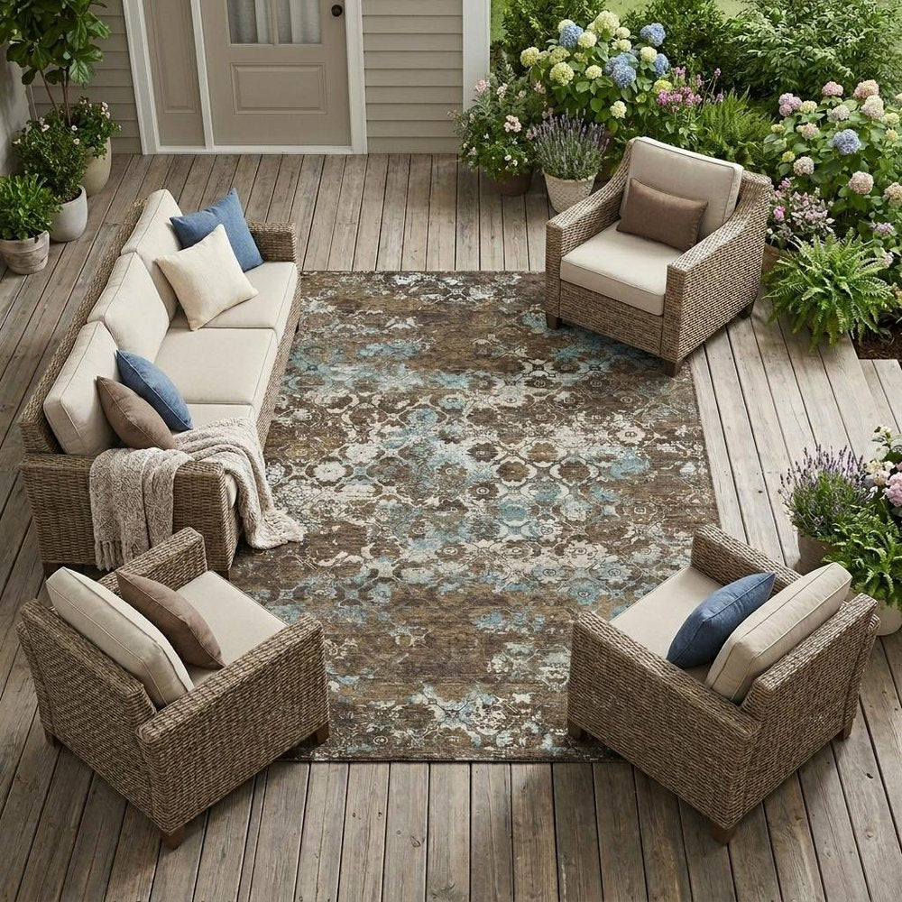 9' X 12' Brown And Coffee Floral Medallion Washable Indoor Outdoor Area Rug — view 5