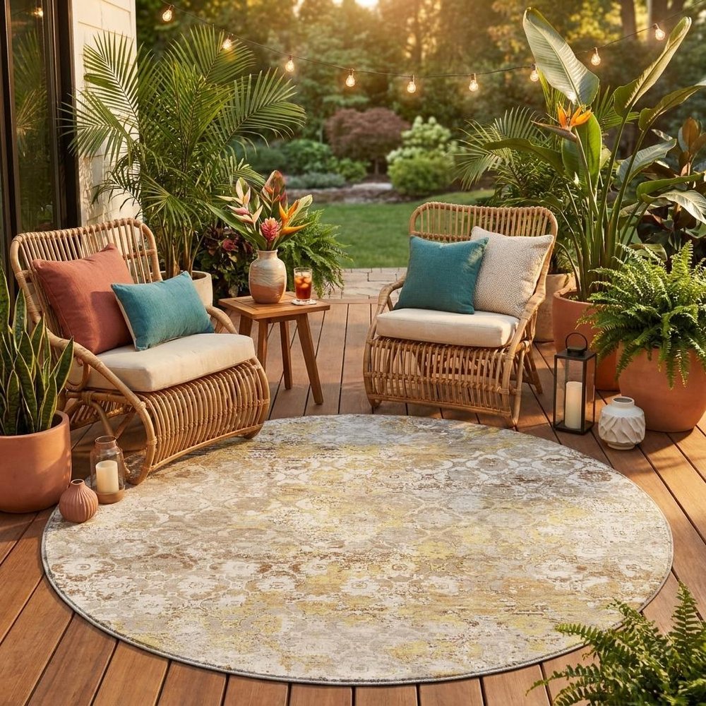 8' Ivory And Silver Round Floral Medallion Washable Indoor Outdoor Area Rug HomeRoots