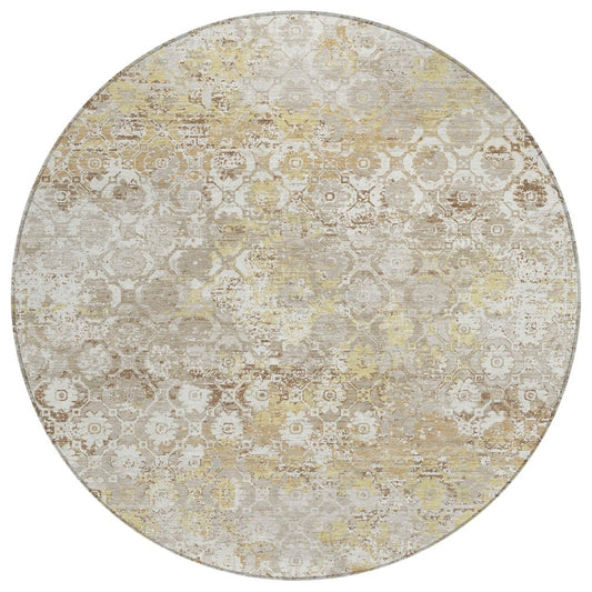 8' Ivory And Silver Round Floral Medallion Washable Indoor Outdoor Area Rug
