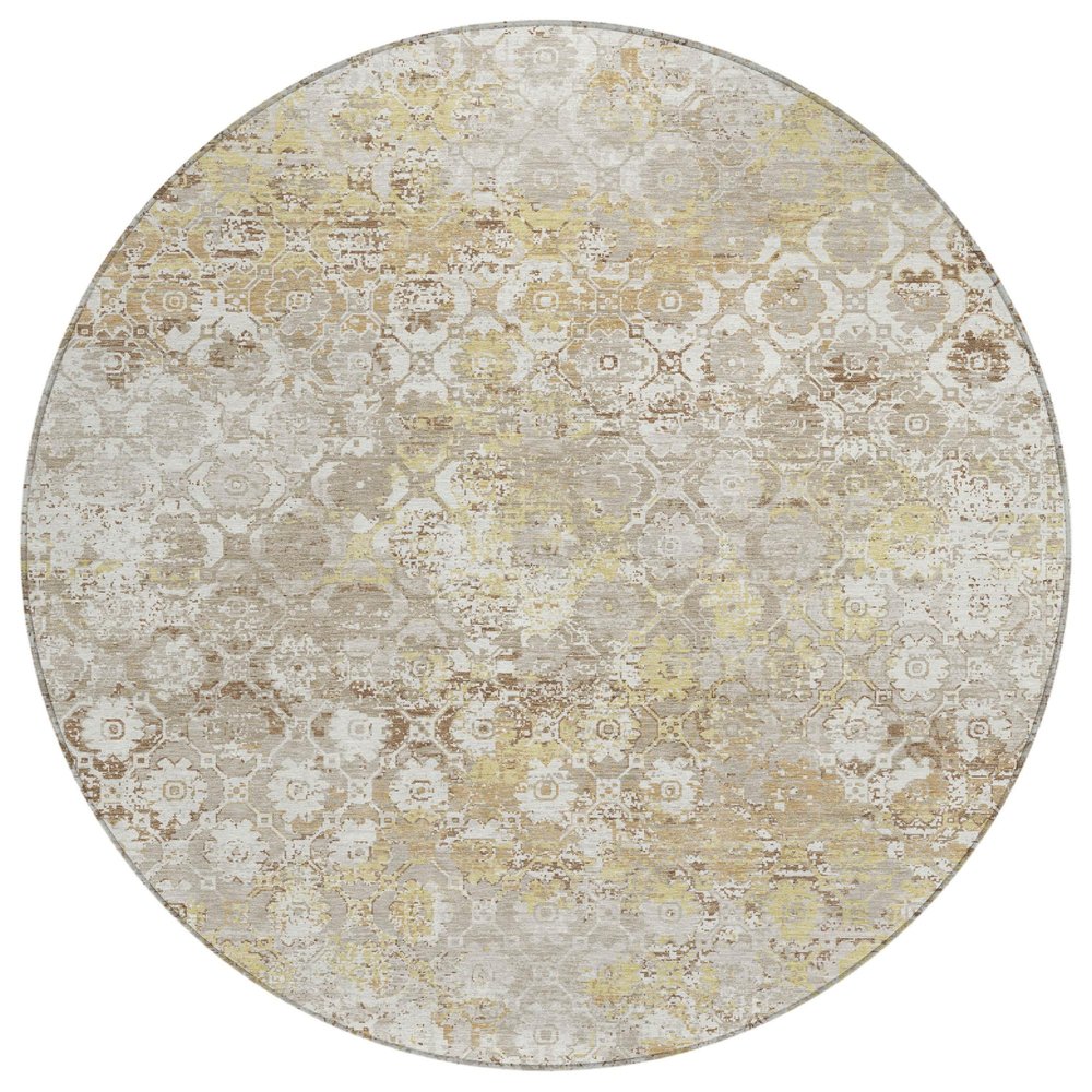 8' Ivory And Silver Round Floral Medallion Washable Indoor Outdoor Area Rug — view 1