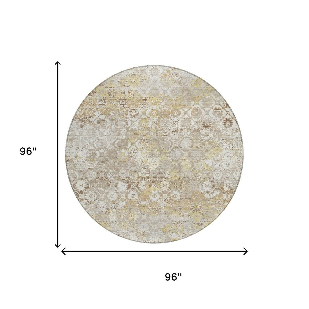 8' Ivory And Silver Round Floral Medallion Washable Indoor Outdoor Area Rug HomeRoots