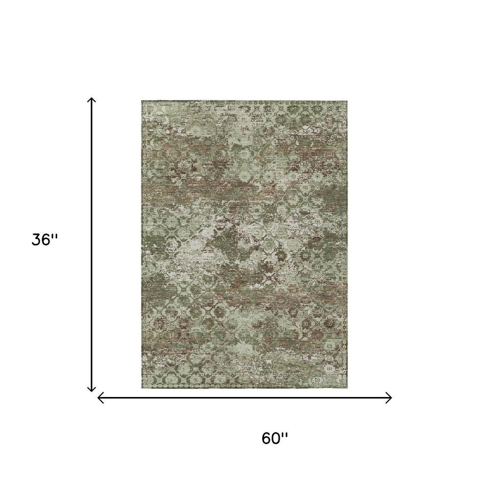 3' X 5' Olive Green And Green Floral Medallion Washable Indoor Outdoor Area Rug — view 4