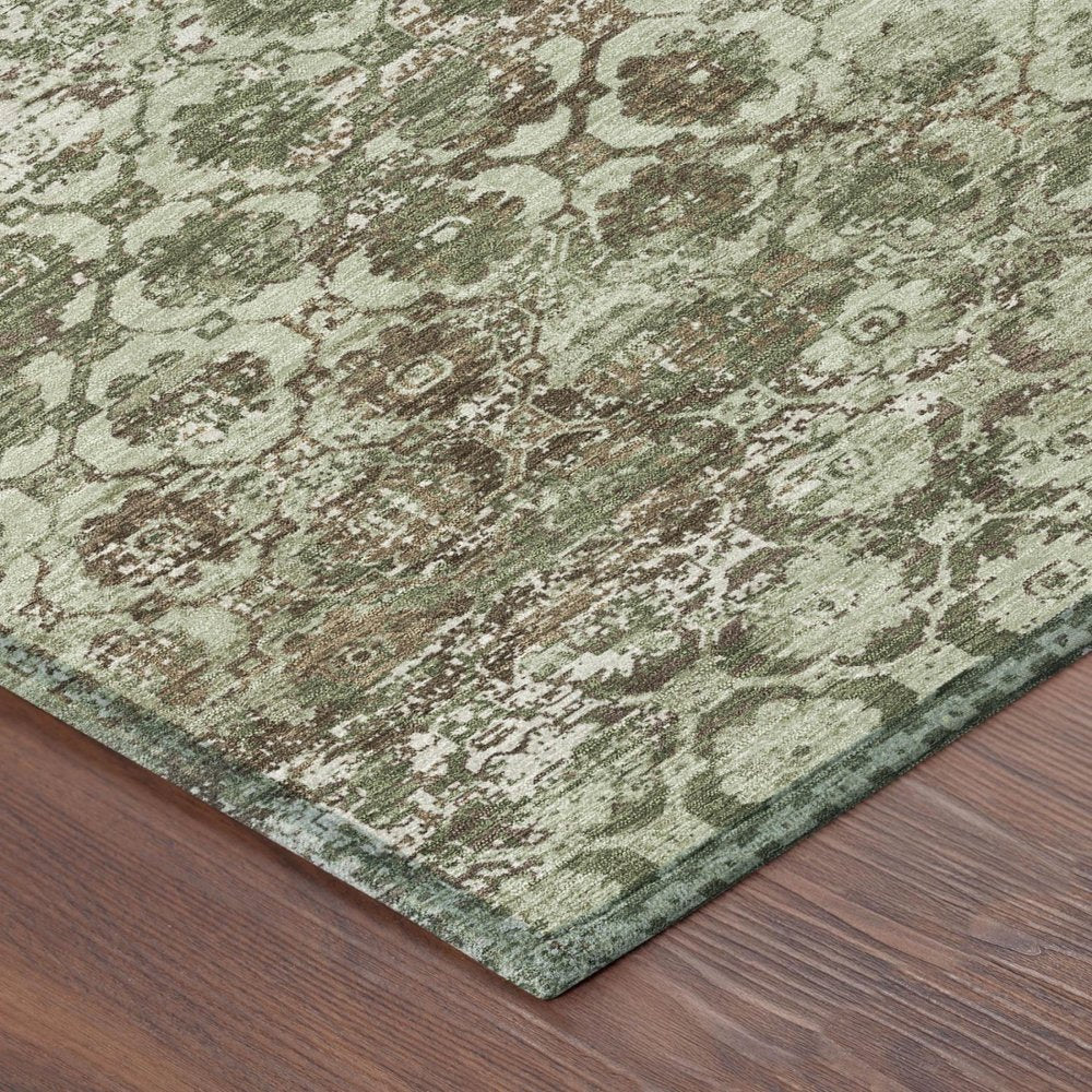 3' X 5' Olive Green And Green Floral Medallion Washable Indoor Outdoor Area Rug — view 3
