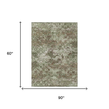 5' X 8' Olive Green And Green Floral Medallion Washable Indoor Outdoor Area Rug