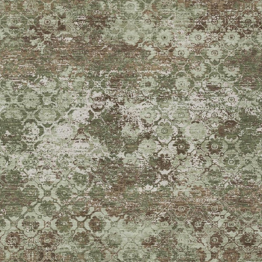 5' X 8' Olive Green And Green Floral Medallion Washable Indoor Outdoor Area Rug