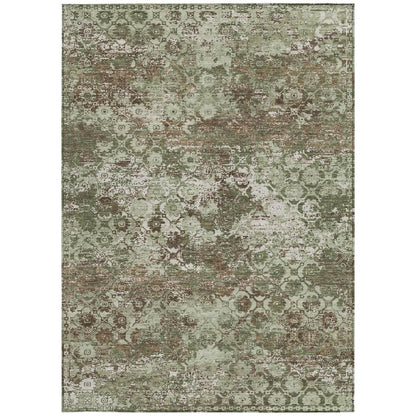 5' X 8' Olive Green And Green Floral Medallion Washable Indoor Outdoor Area Rug