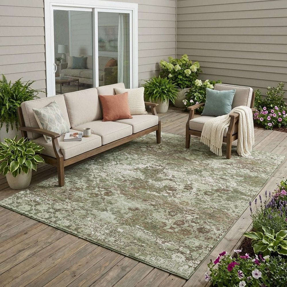 5' X 8' Olive Green And Green Floral Medallion Washable Indoor Outdoor Area Rug — view 6