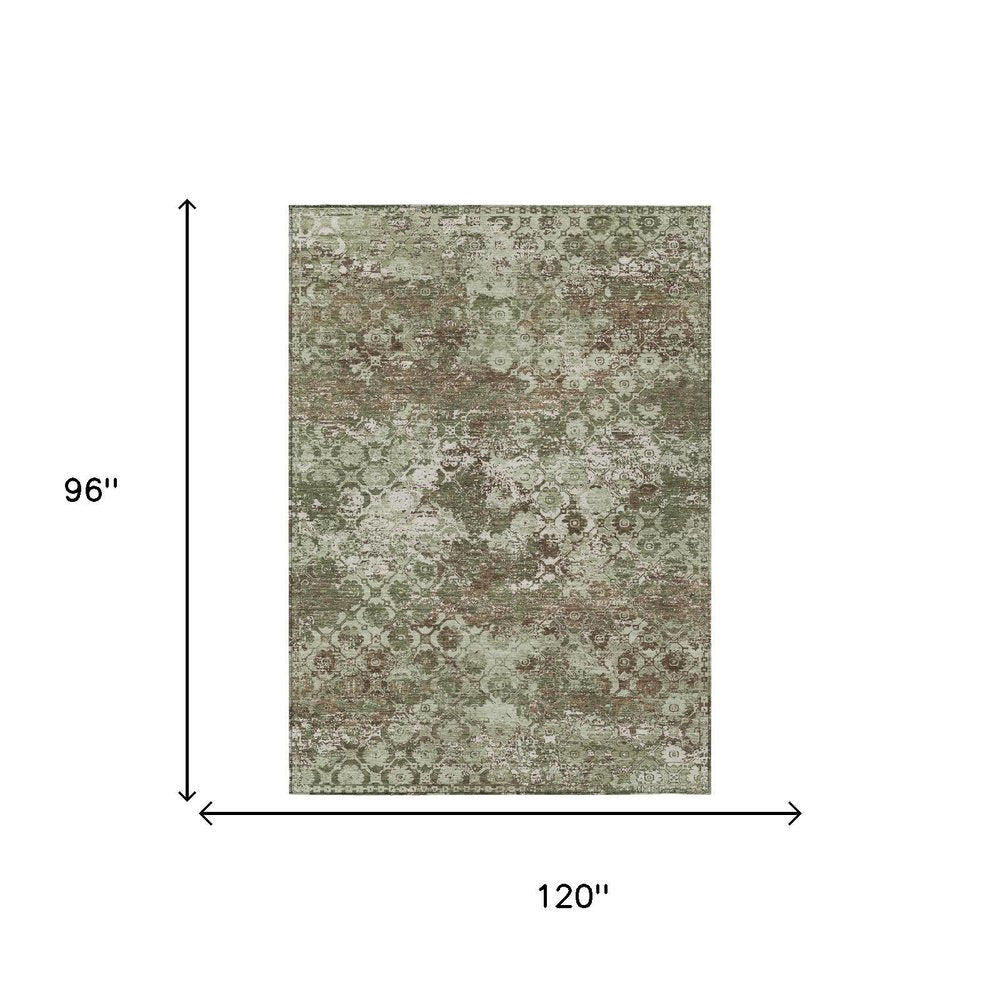 8' X 10' Olive Green And Green Floral Medallion Washable Indoor Outdoor Area Rug — view 4