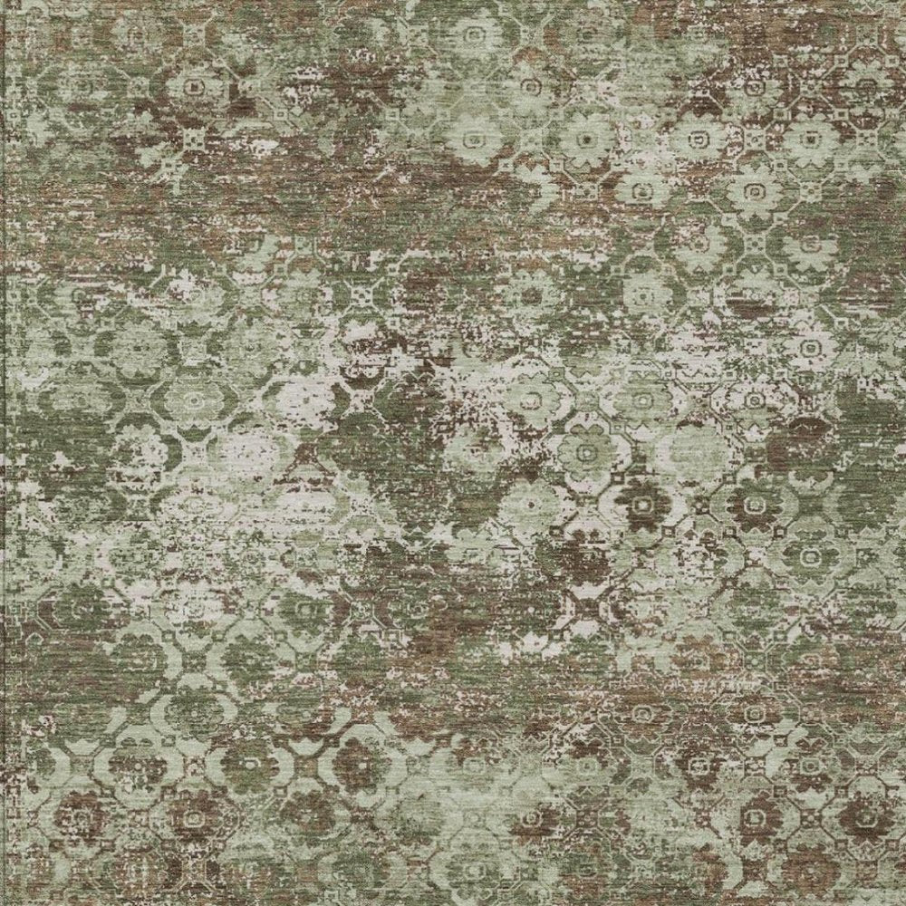8' X 10' Olive Green And Green Floral Medallion Washable Indoor Outdoor Area Rug — view 9