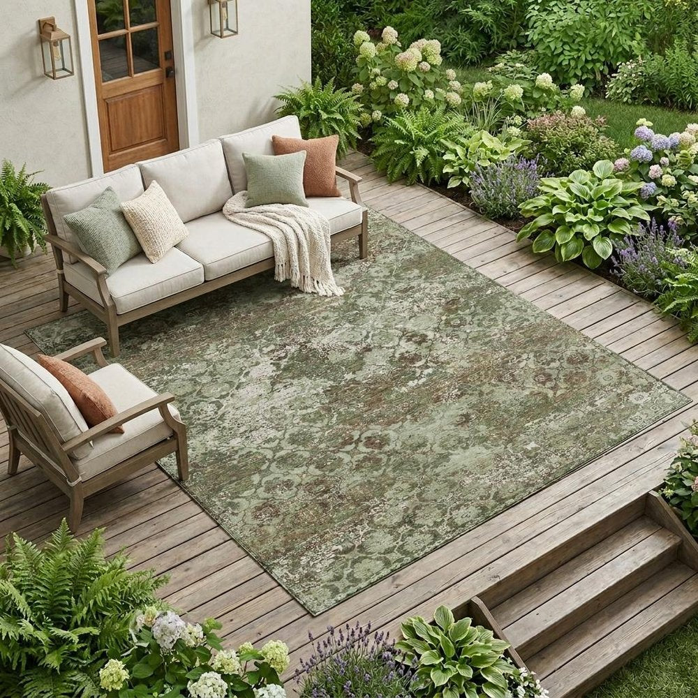 8' X 10' Olive Green And Green Floral Medallion Washable Indoor Outdoor Area Rug — view 6