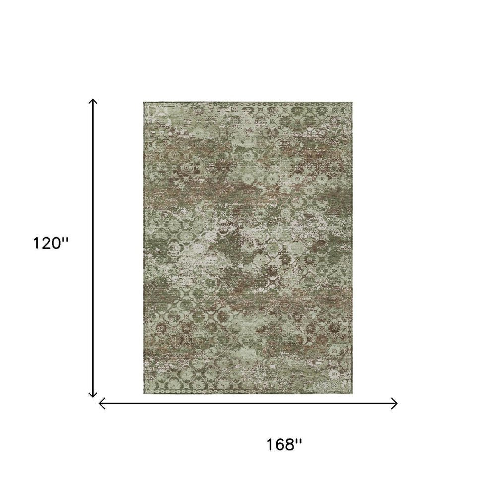 10' X 14' Olive Green And Green Floral Medallion Washable Indoor Outdoor Area Rug