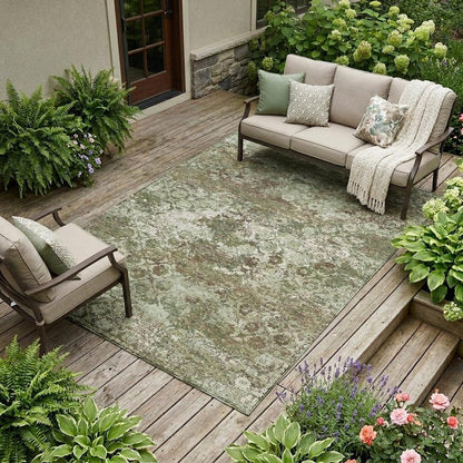 10' X 14' Olive Green And Green Floral Medallion Washable Indoor Outdoor Area Rug