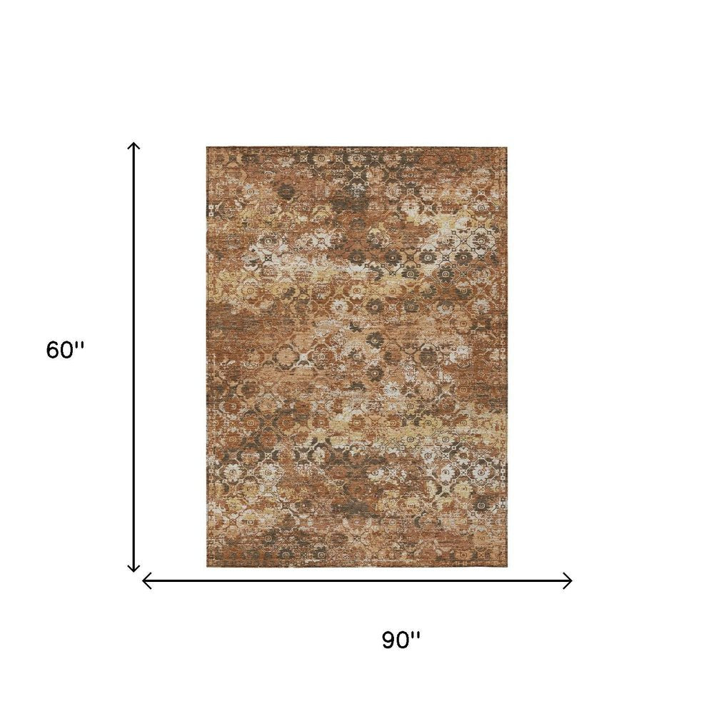 5' X 8' Orange And Rust Floral Medallion Washable Indoor Outdoor Area Rug — view 4
