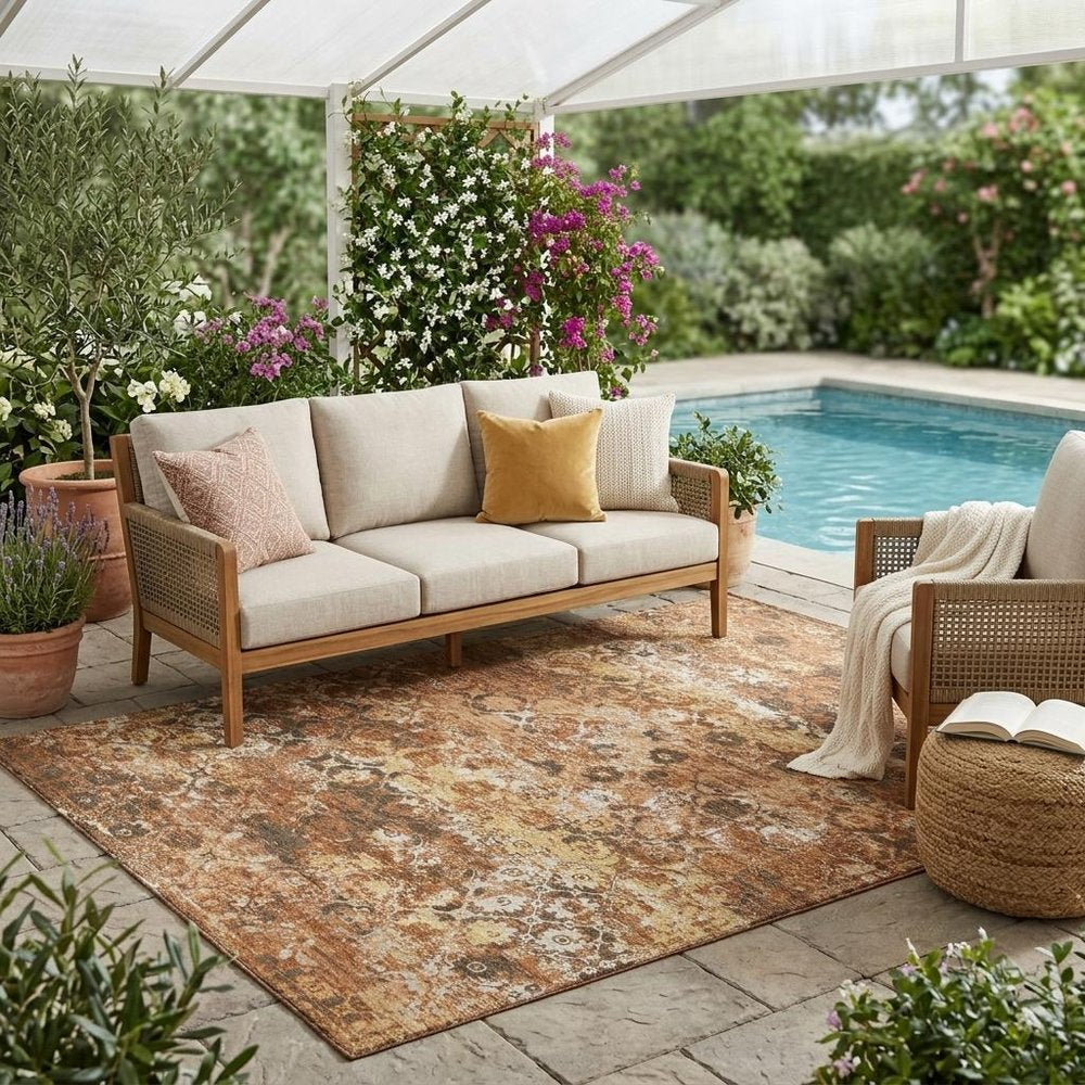 5' X 8' Orange And Rust Floral Medallion Washable Indoor Outdoor Area Rug — view 5