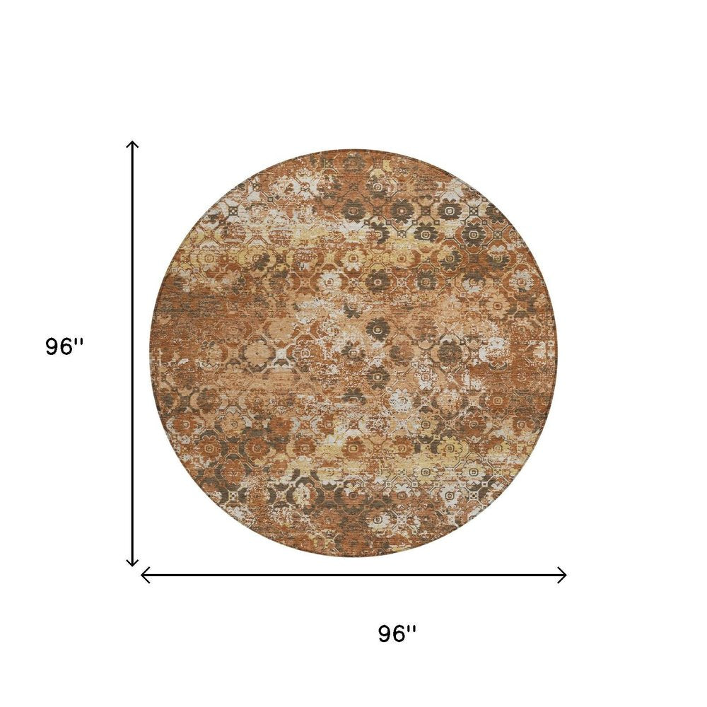 8' Orange And Rust Round Floral Medallion Washable Indoor Outdoor Area Rug