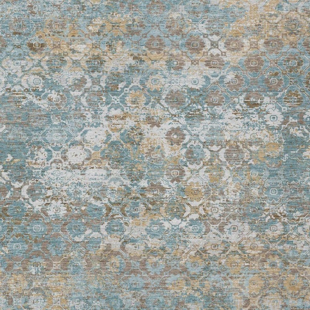 3' X 5' Teal Blue And Pewter Floral Medallion Washable Indoor Outdoor Area Rug