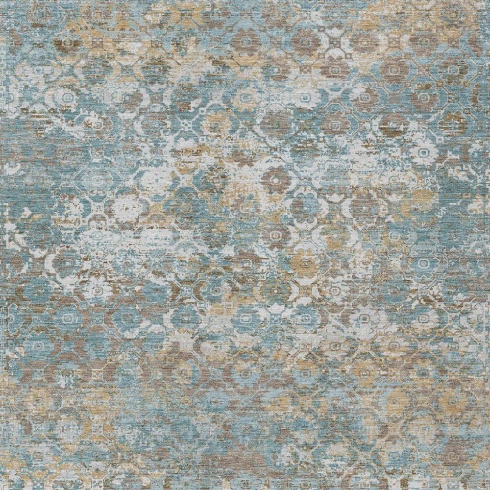 3' X 5' Teal Blue And Pewter Floral Medallion Washable Indoor Outdoor Area Rug