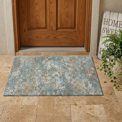 3' X 5' Teal Blue And Pewter Floral Medallion Washable Indoor Outdoor Area Rug